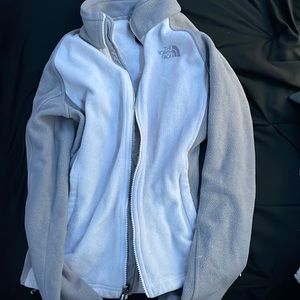 Gray and white North Face jacket
